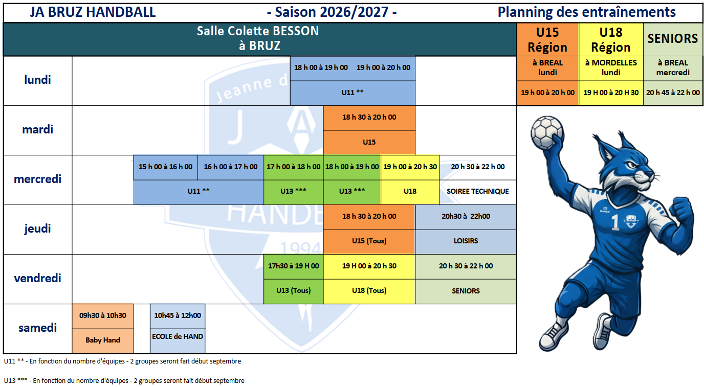 Planning entraînements Saison 2026-2027